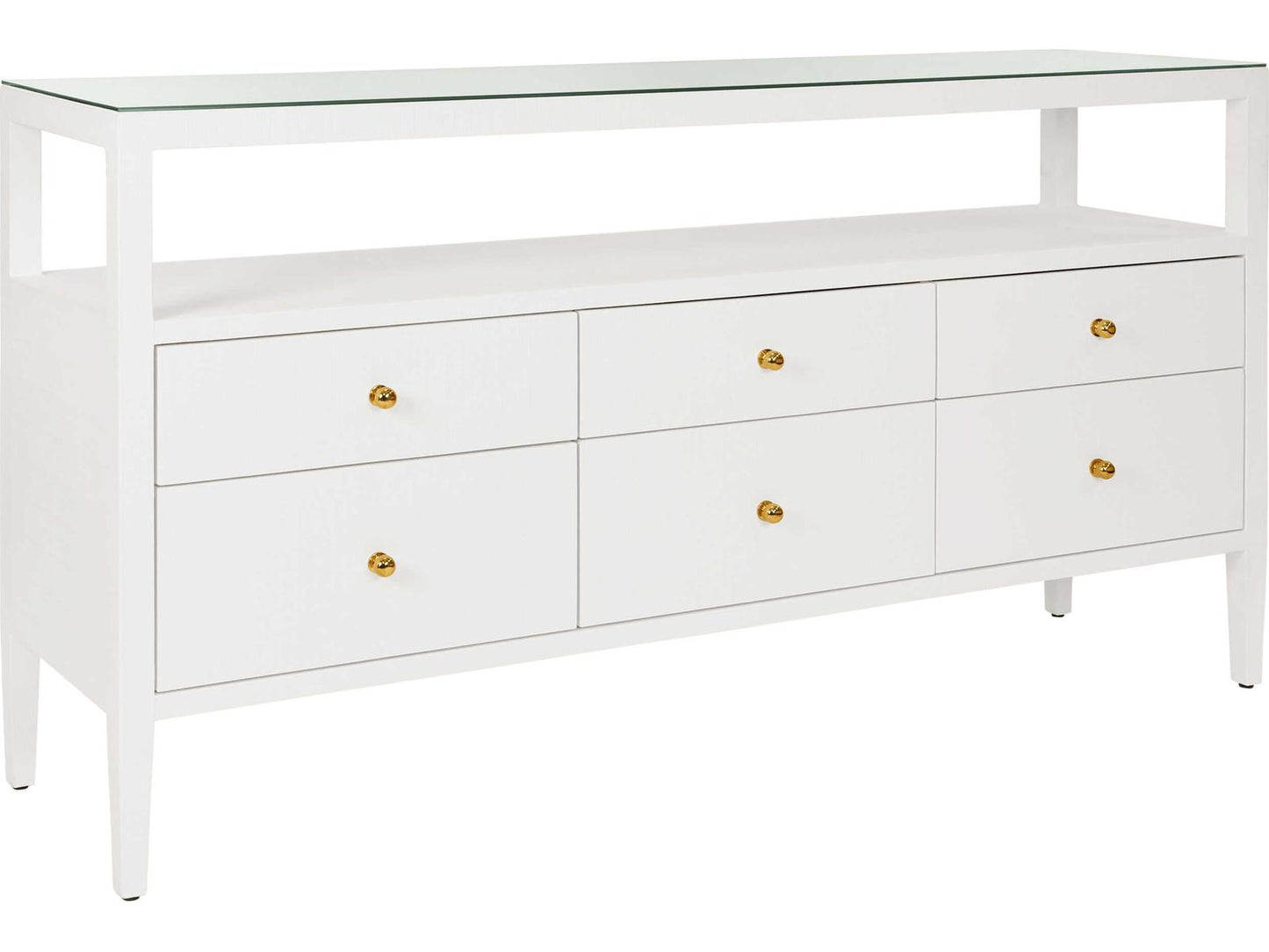 Jordan 6-Drawer Console with Open Shelf in Textured White Linen