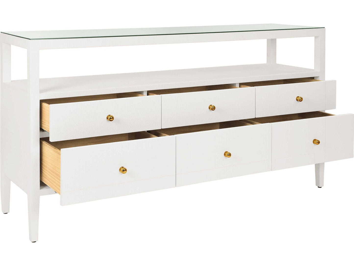 Jordan 6-Drawer Console with Open Shelf in Textured White Linen