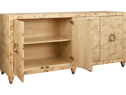 Mulligan Four-Door Buffet in Burl Wood with Satin Brass Hardware