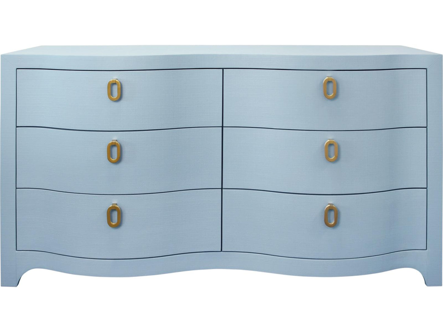 Rosie Curved Front Six Drawer Chest in Textured Light Blue Linen