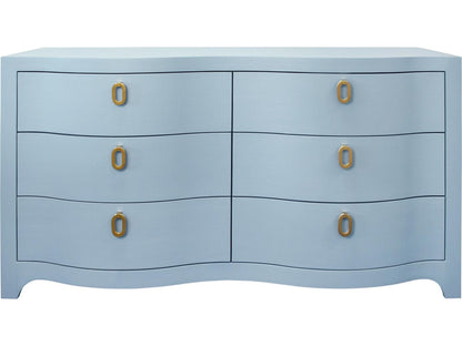 Rosie Curved Front Six Drawer Chest in Textured Light Blue Linen