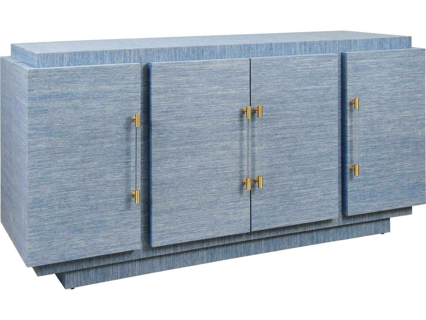 Steele Four-Door Modern Buffet in Dyed Blue Grasscloth with Brass Handles