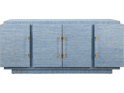 Steele Four-Door Modern Buffet in Dyed Blue Grasscloth with Brass Handles