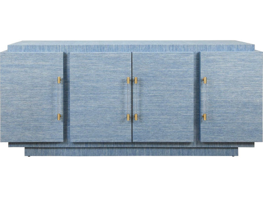 Steele Four-Door Modern Buffet in Dyed Blue Grasscloth with Brass Handles
