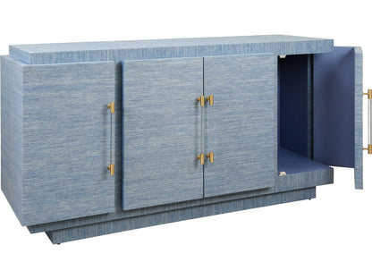 Steele Four-Door Modern Buffet in Dyed Blue Grasscloth with Brass Handles