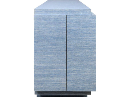 Steele Four-Door Modern Buffet in Dyed Blue Grasscloth with Brass Handles