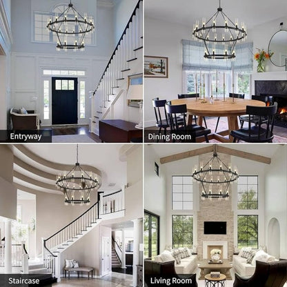 Wagon Wheel 2 Tier Glass Chandelier