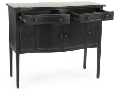 Corbyn Metal Console Table with Double Drawers and Shelves in Antique Black