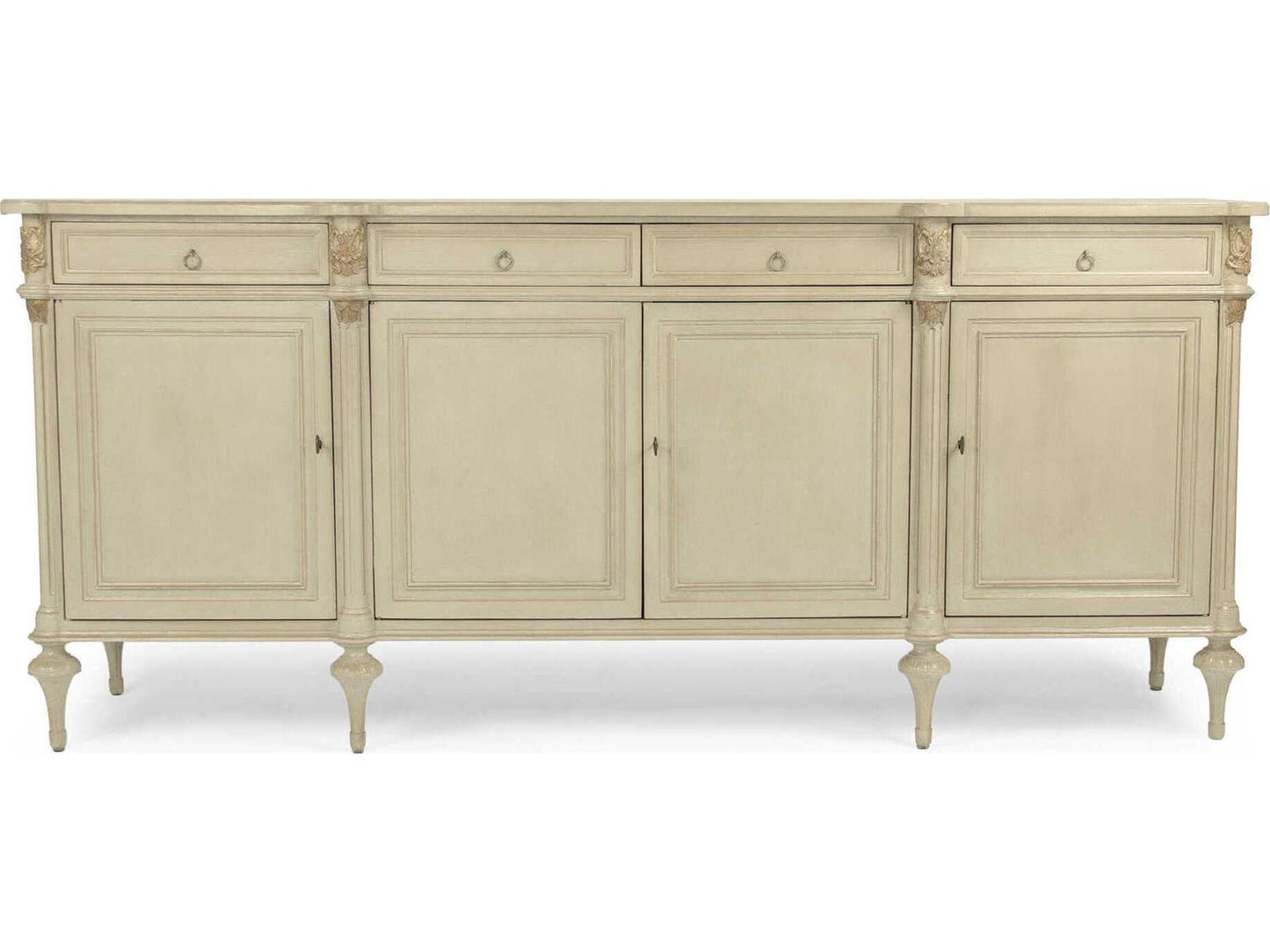 Astor 87 Inch Birch Wood Sideboard with Distressed Cream and Gold Leaf Finish
