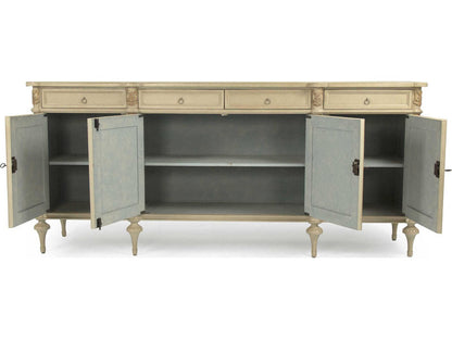 Astor 87 Inch Birch Wood Sideboard with Distressed Cream and Gold Leaf Finish