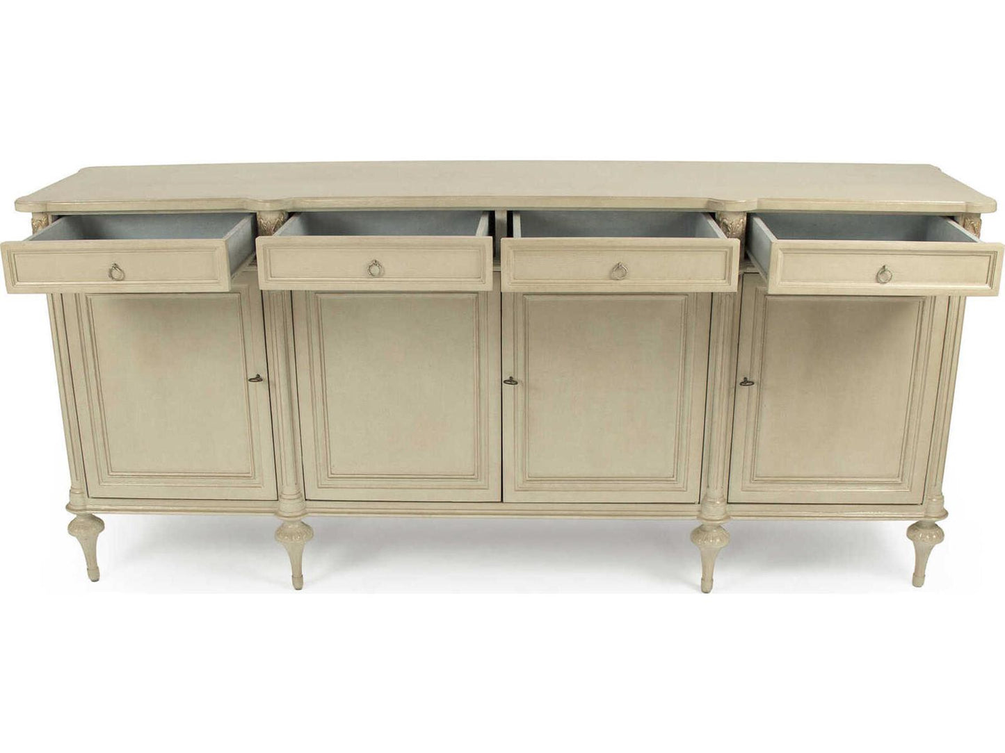 Astor 87 Inch Birch Wood Sideboard with Distressed Cream and Gold Leaf Finish