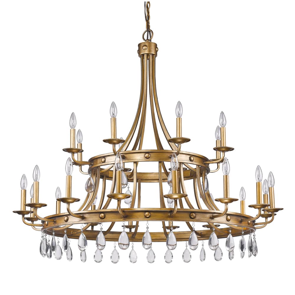 Krista 24 Light 48" Wide 2 Tier Chandelier with Crystal Accents and Studded Antique Gold Bands