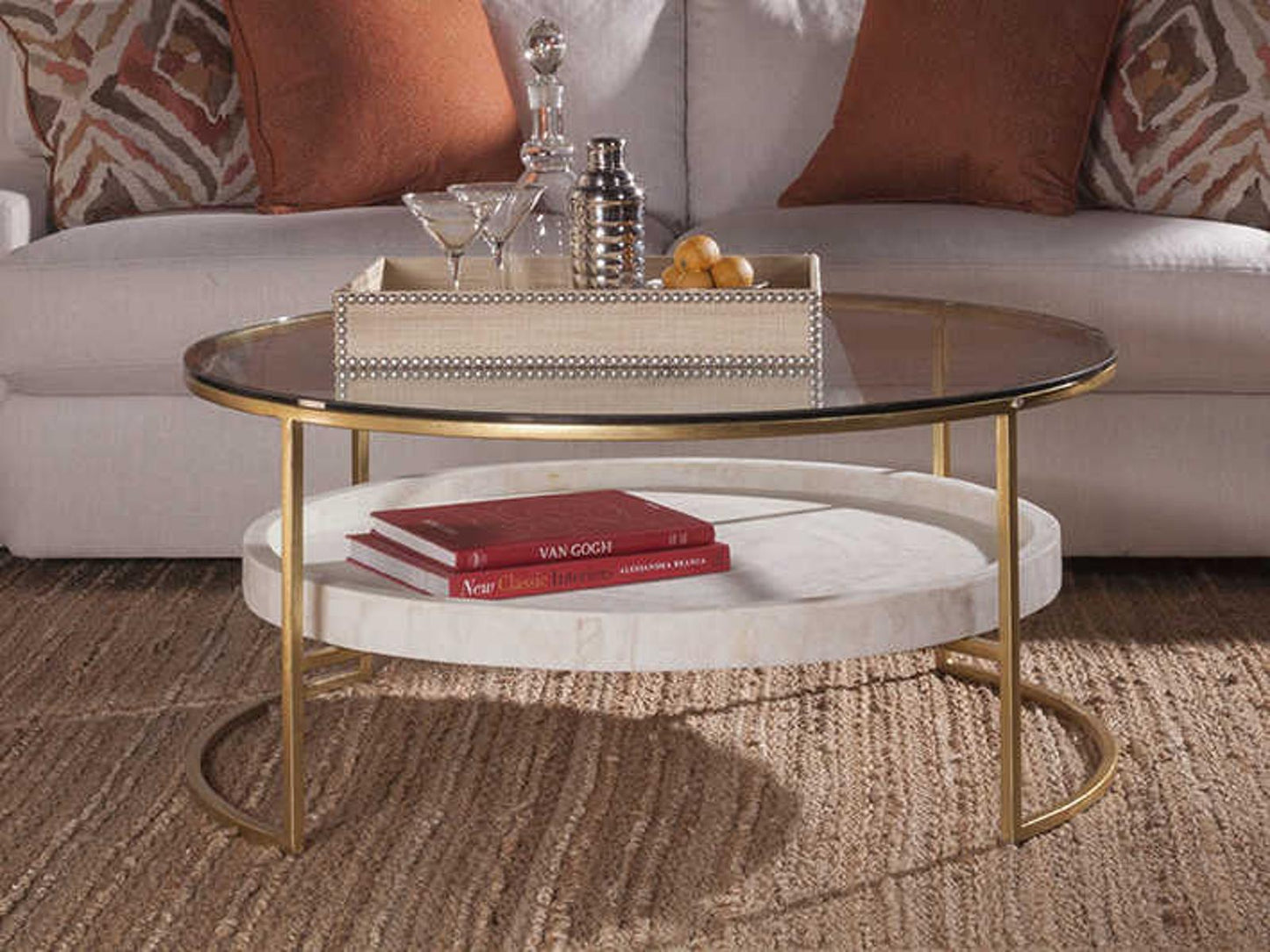 Home Cumulus Round Cocktail Table Gold Foil with Crystal Stone Shelf