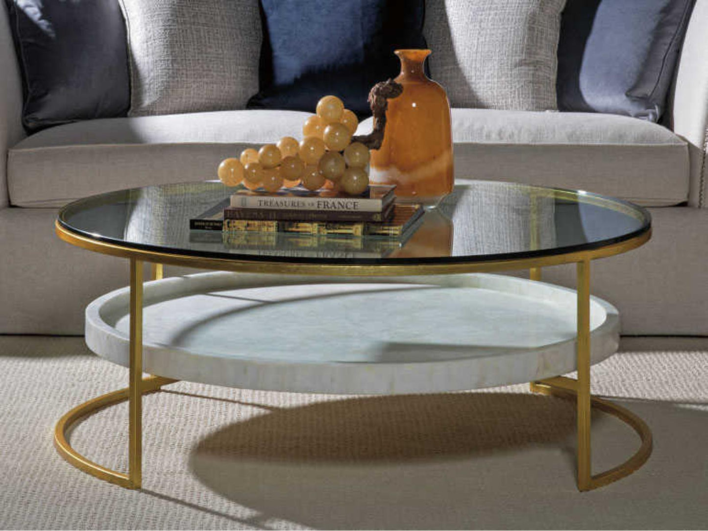 Home Cumulus Round Coffee Table with Gold Foil and Crystal Shelf