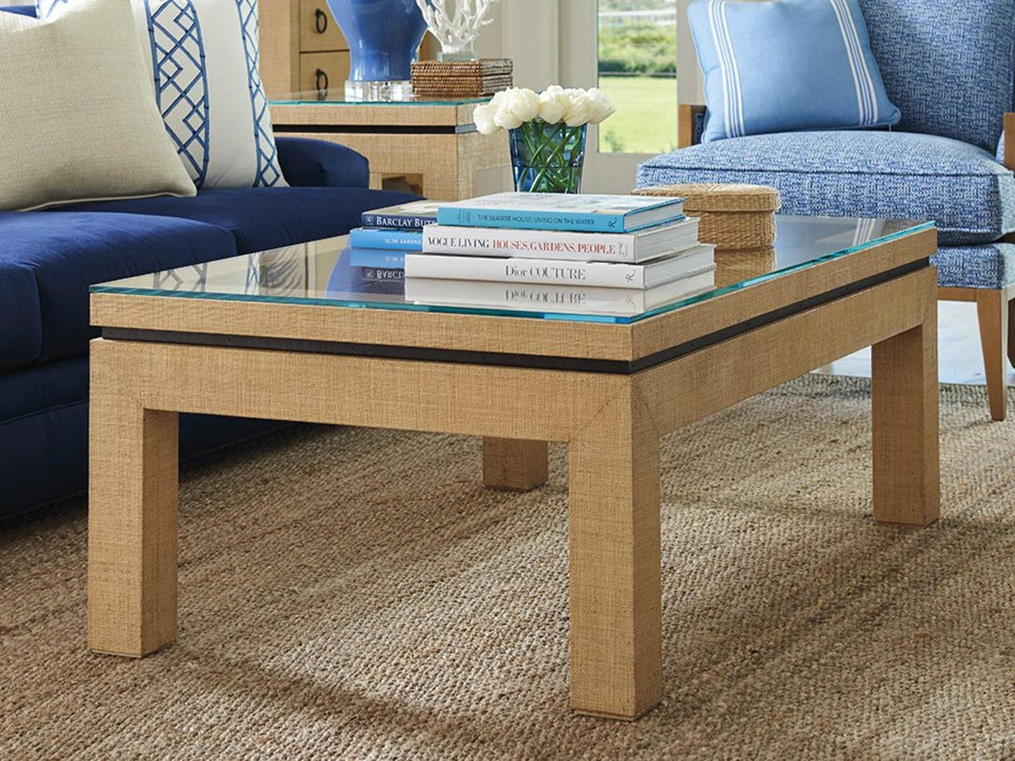 Newport Harbor Rectangle Coffee Table Raffia and Glass Sandstone