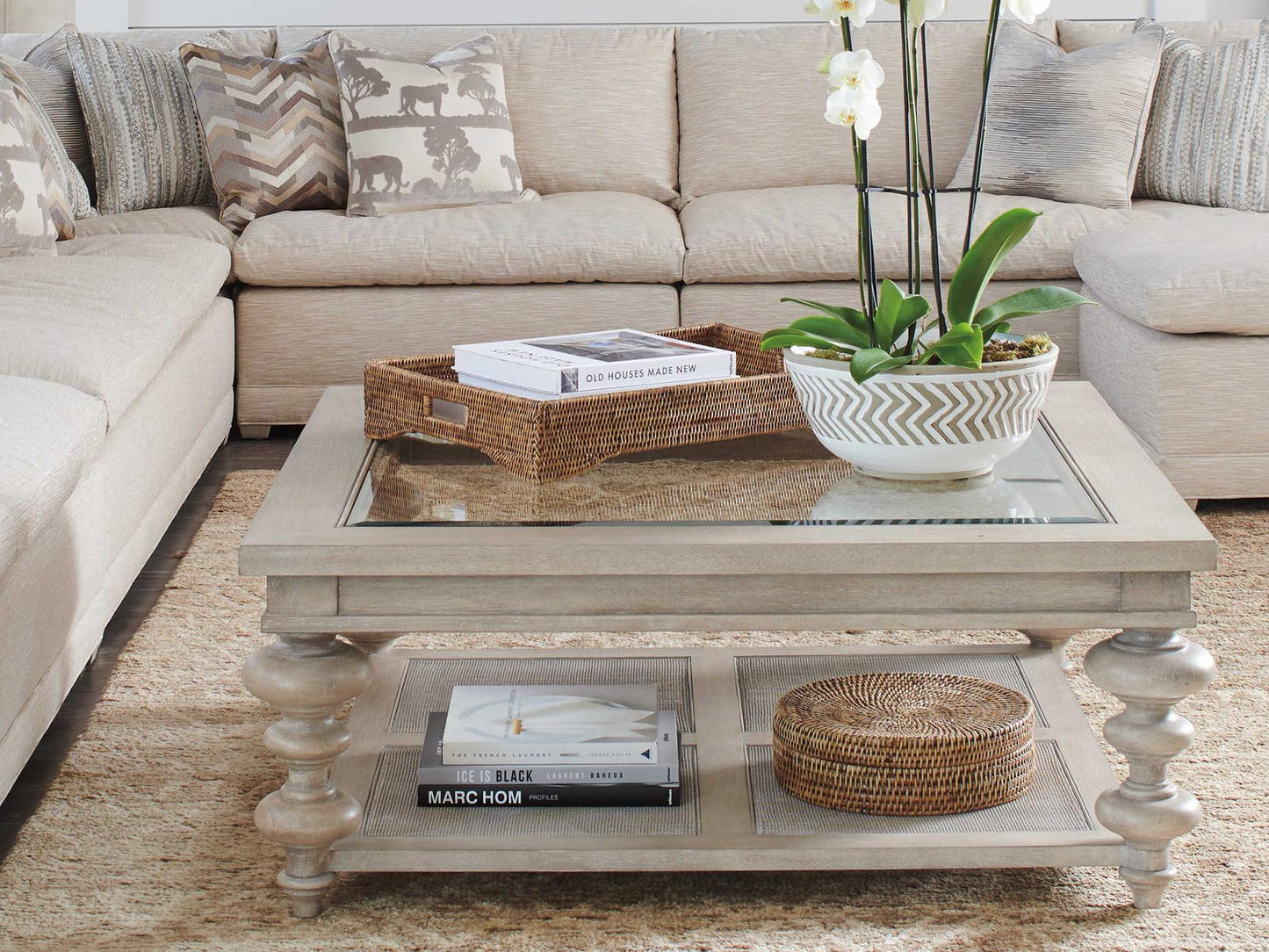 Castlerock Square Coffee Table in Taupe Wood Cane and Glass