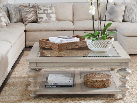 Castlerock Square Coffee Table in Taupe Wood Cane and Glass