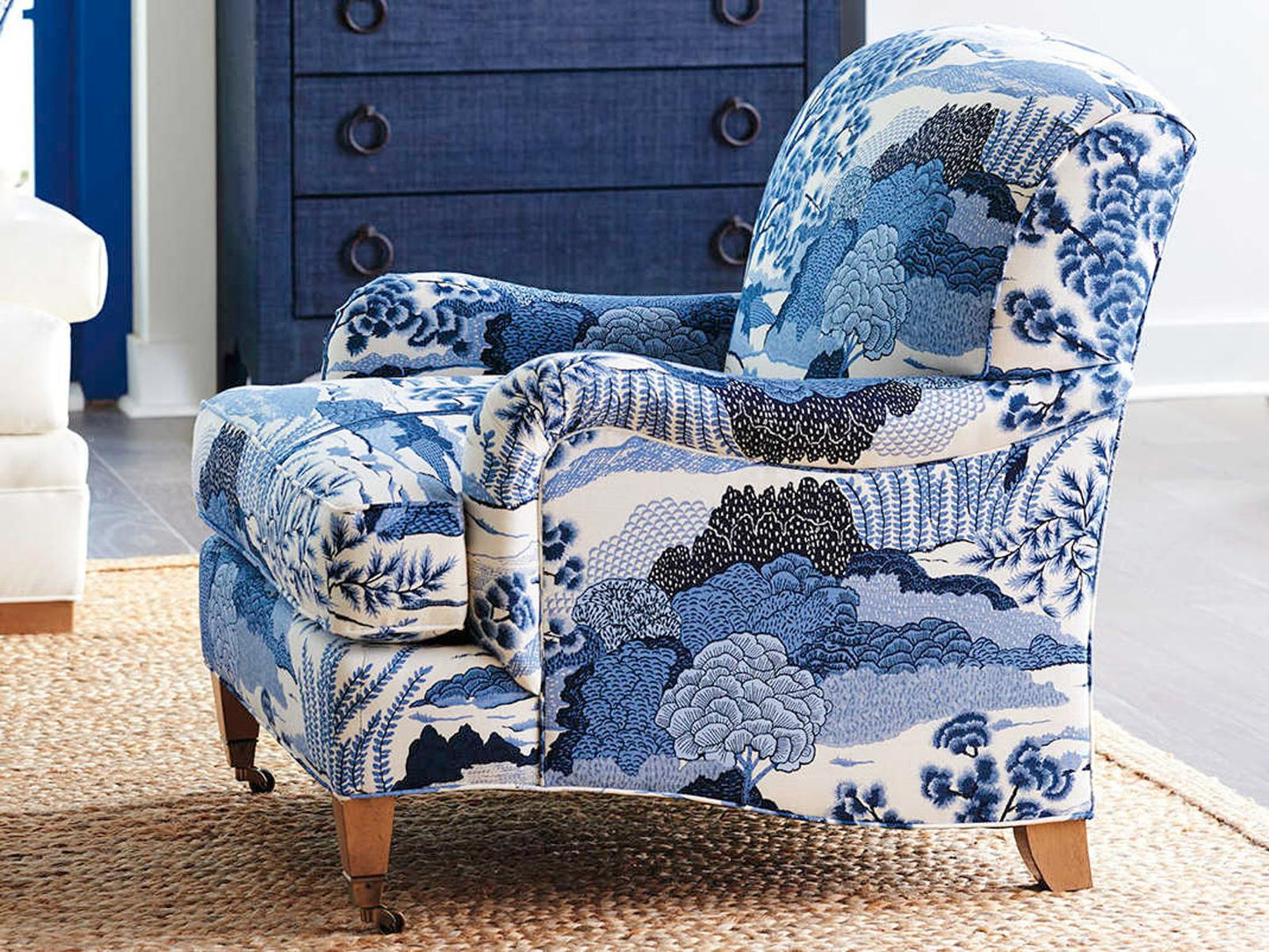 Sydney Fabric Accent Chair with Brass Casters in Laguna Sands