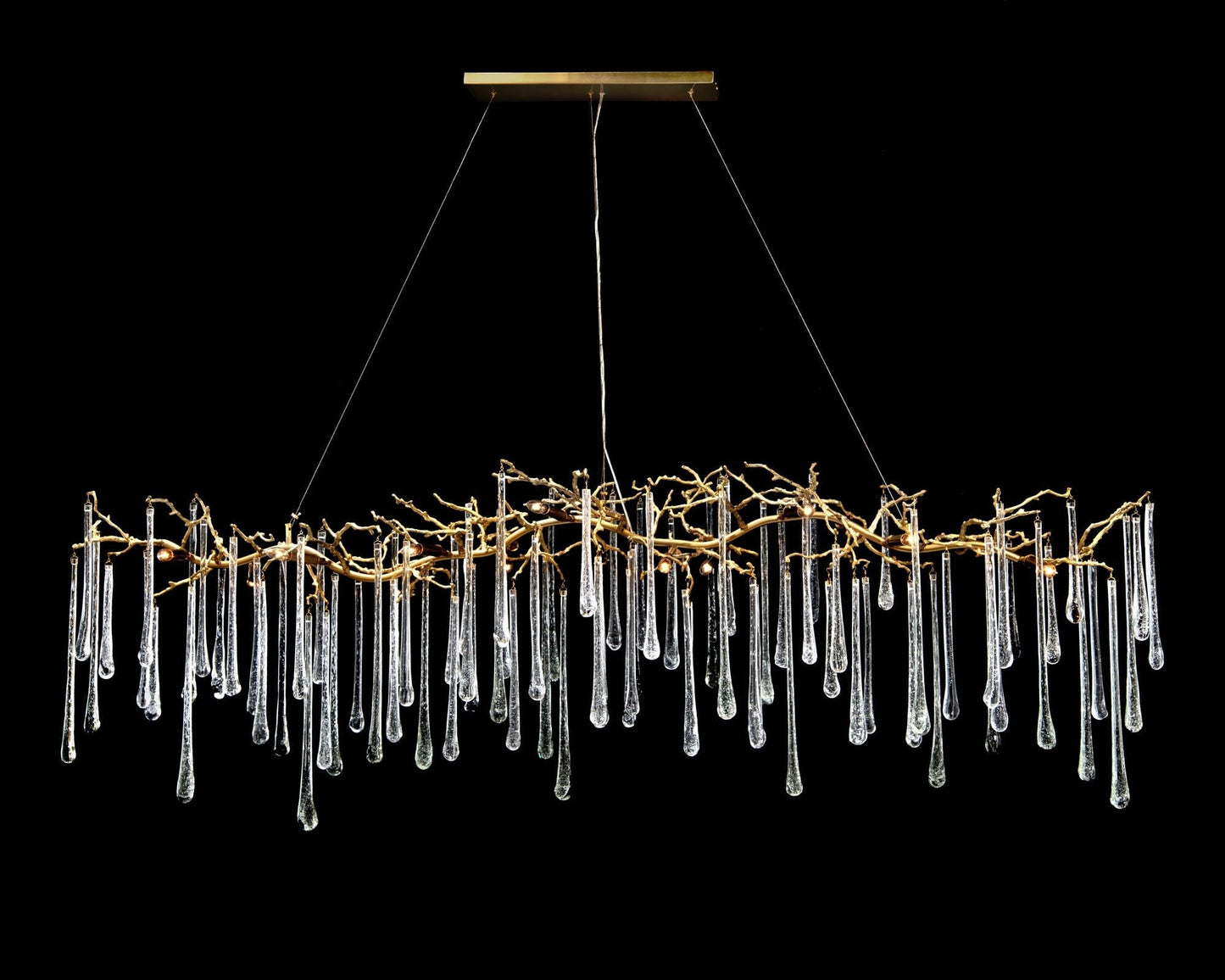 Brass and Glass Teardrop 84" Wide 14-Light Island Chandelier