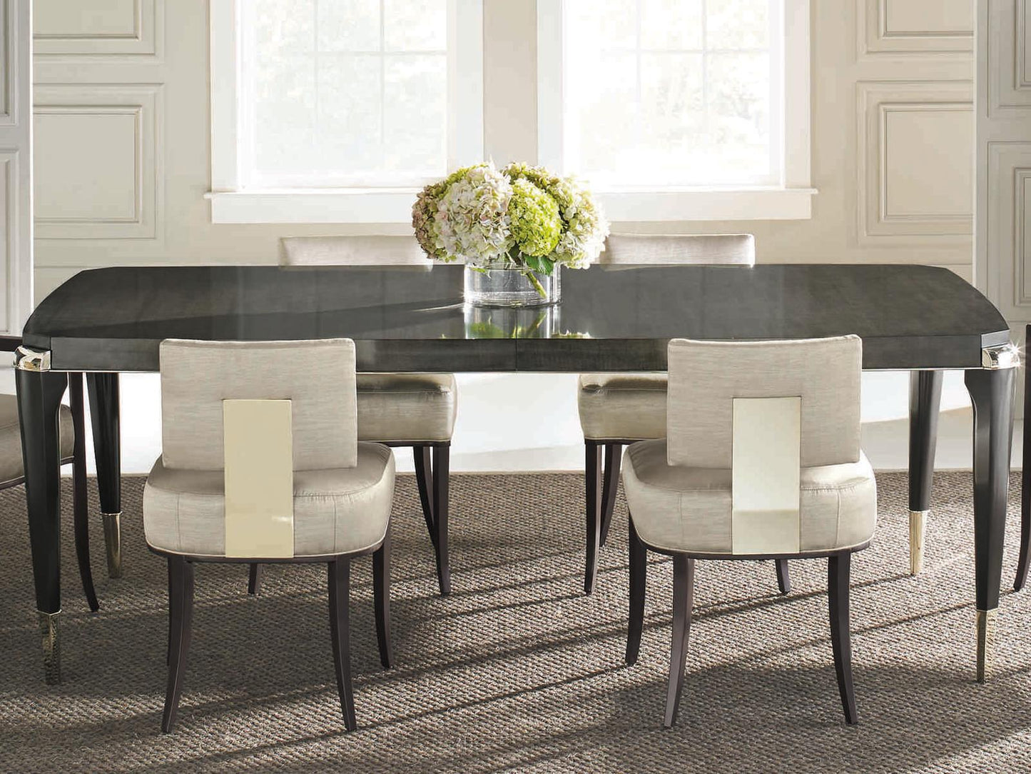 All Trimmed Out Extendable Dining Table in Charcoal Anegre and Whisper of Gold