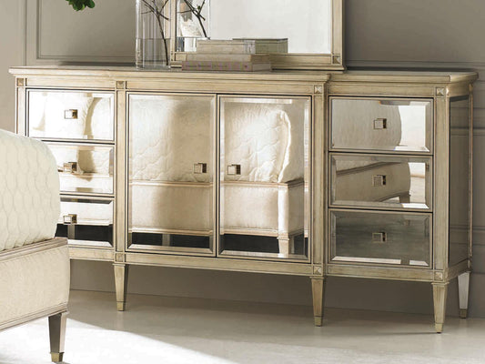 La-Dee-Dah Auric Silver Leaf Dresser with Antique Mirror Facades
