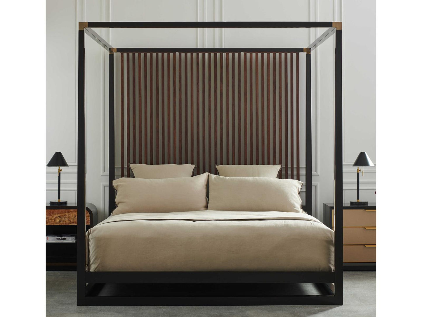 Pinstripe King Canopy Bed in Dark Chocolate and Rich Walnut