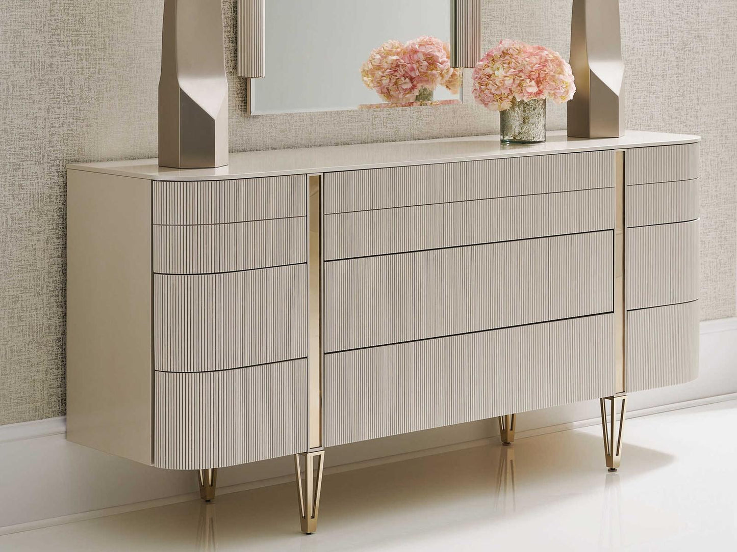 Classic Love at First Sight 9-Drawer Dresser in Matte Pearl and Whisper of Gold