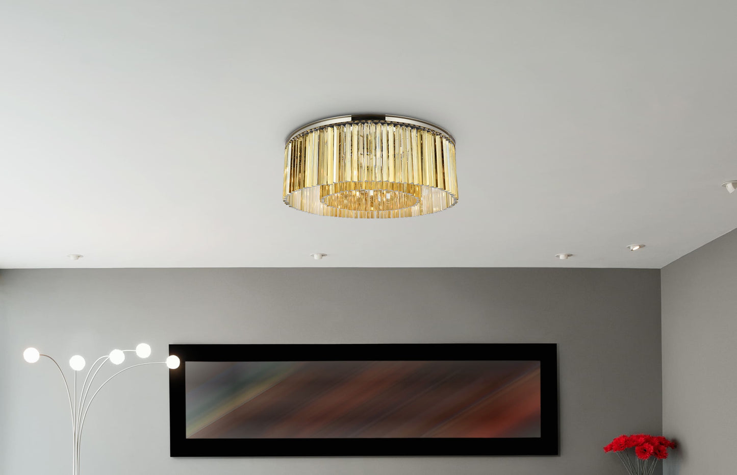Sydney 10 Light 44" Wide Flush Mount Drum Ceiling Fixture with Golden Teak Royal Cut Crystals