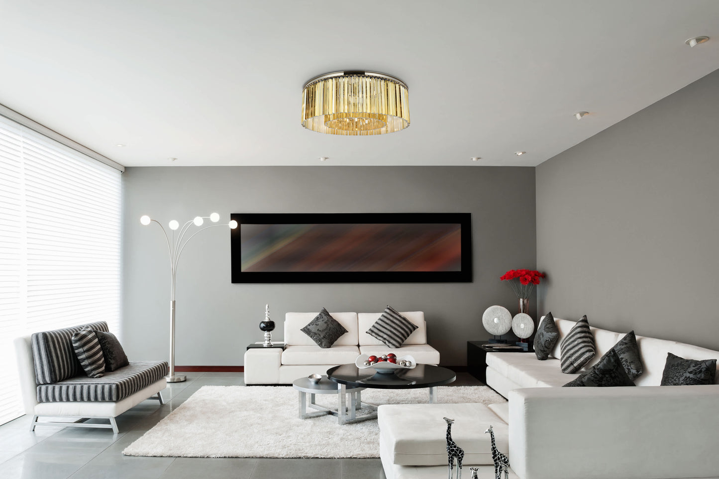 Sydney 10 Light 44" Wide Flush Mount Drum Ceiling Fixture with Golden Teak Royal Cut Crystals