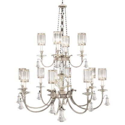 Eaton Place Silver Twelve-Light Two-Tier Chandelier with Channel-Set Crystal Diffusers and Crystal Accents