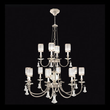 Eaton Place Silver Twelve-Light Two-Tier Chandelier with Channel-Set Crystal Diffusers and Crystal Accents