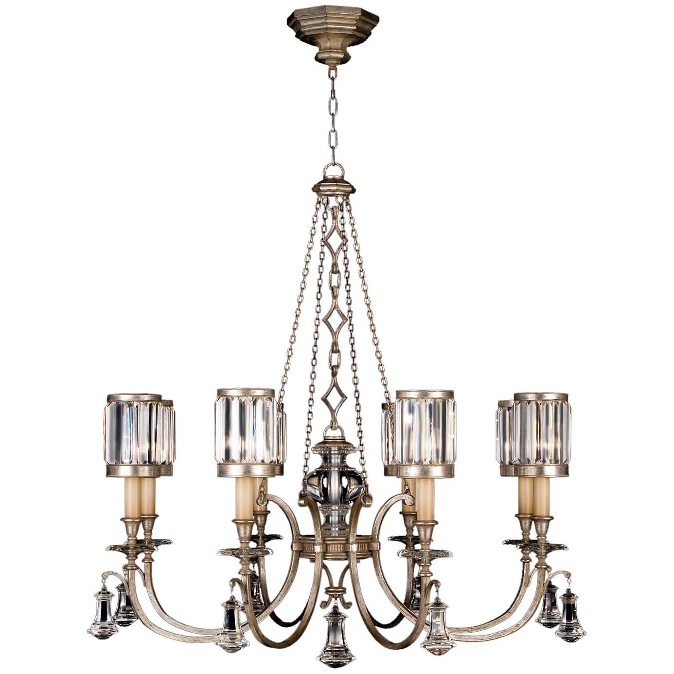 Eaton Place Silver Eight-Light Single-Tier Chandelier with Channel-Set Crystal Diffusers and Crystal Accents