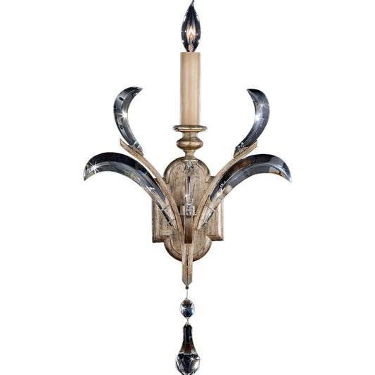 Beveled Arcs Single-Light Beveled Crystal Wall Sconce with Laminated Silk Shantung Shade