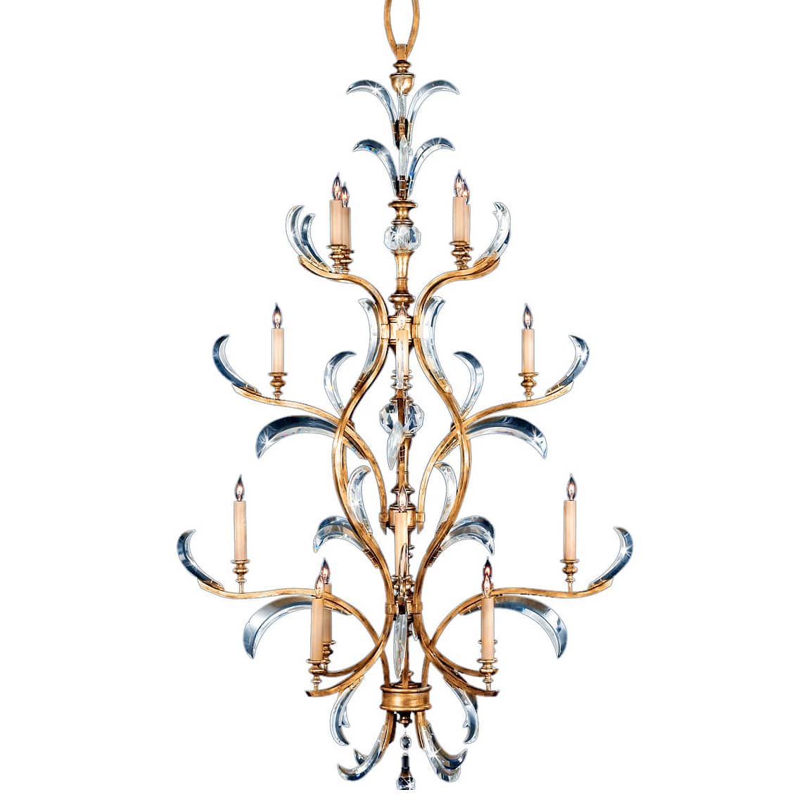 Beveled Arcs Gold Sixteen-Light Three-Tier Beveled Crystal Chandelier