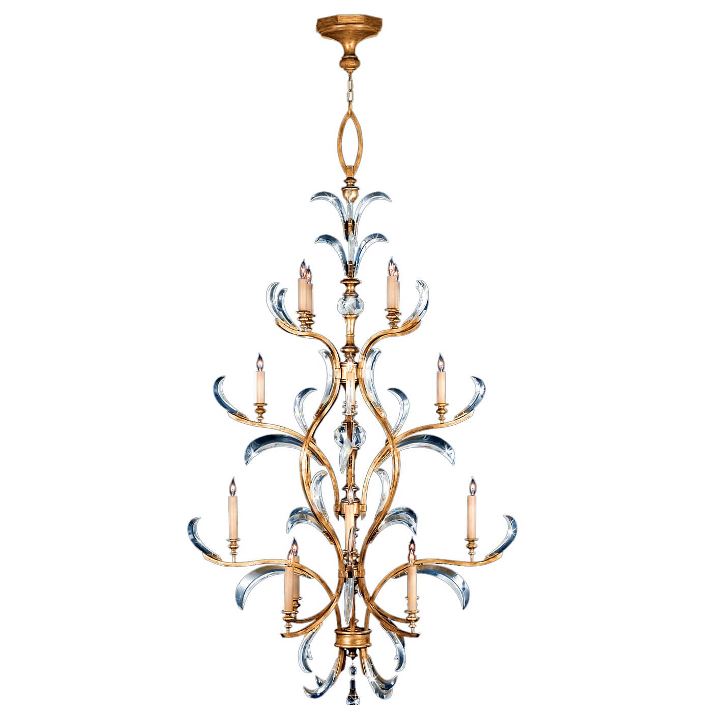 Beveled Arcs Gold Sixteen-Light Three-Tier Beveled Crystal Chandelier