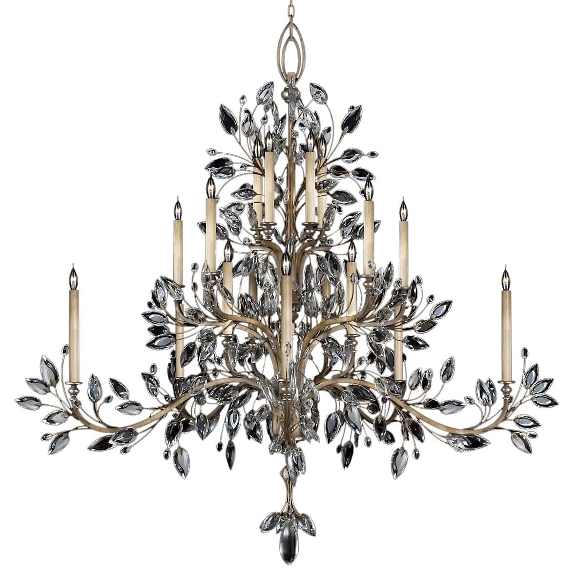 Crystal Laurel Twenty-Light Three-Tier Chandelier with Bold-Cut Stylized Crystal Leaves