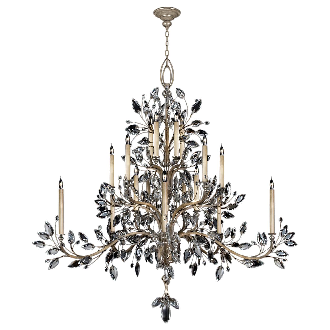 Crystal Laurel Twenty-Light Three-Tier Chandelier with Bold-Cut Stylized Crystal Leaves