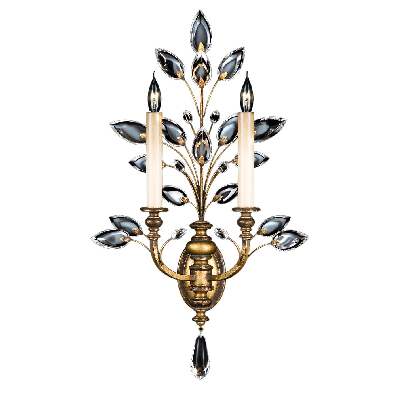 Crystal Laurel Gold Two-Light Wall Sconce with Bold-Cut Stylized Crystal Leaves
