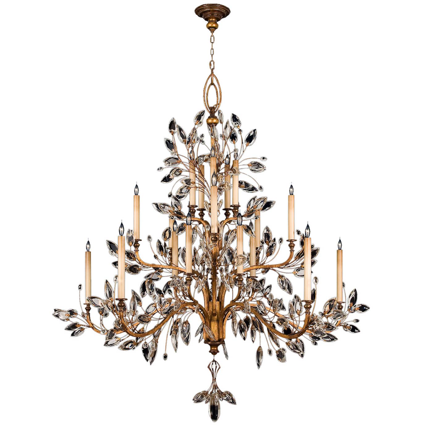 Crystal Laurel Gold Twenty-Light Three-Tier Chandelier with Bold-Cut Stylized Crystal Leaves