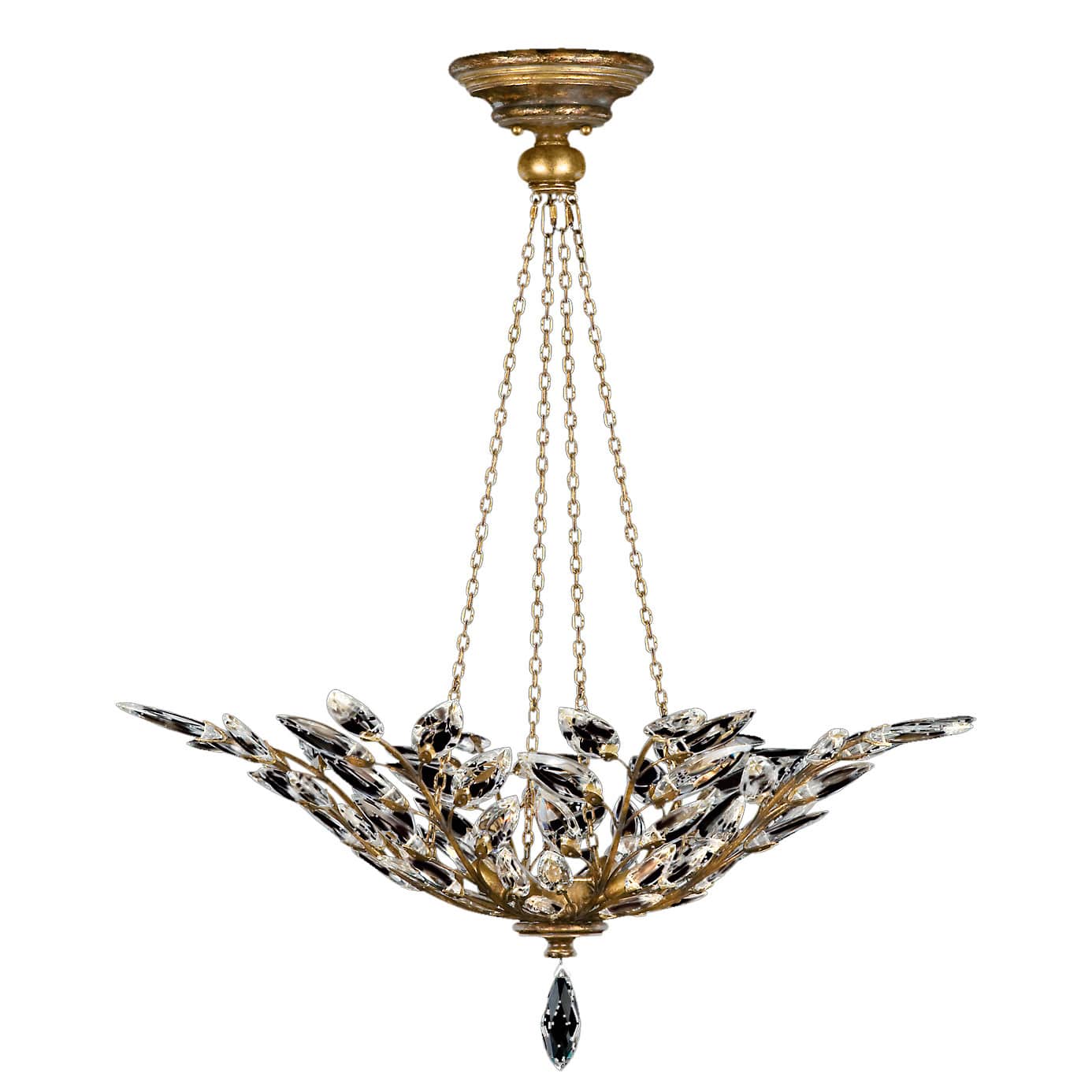 Crystal Laurel Gold Four-Light Foyer Pendant with Bold-Cut Stylized Crystal Leaves