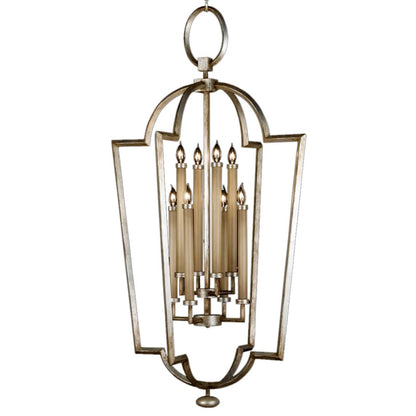 Allegretto Silver Eight-Light Foyer Pendant with White Textured Linen Shade