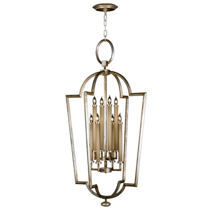 Allegretto Silver Eight-Light Foyer Pendant with White Textured Linen Shade