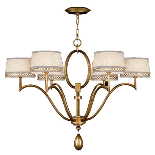 Allegretto Gold Six-Light Single-Tier Chandelier with White Textured Linen Shades