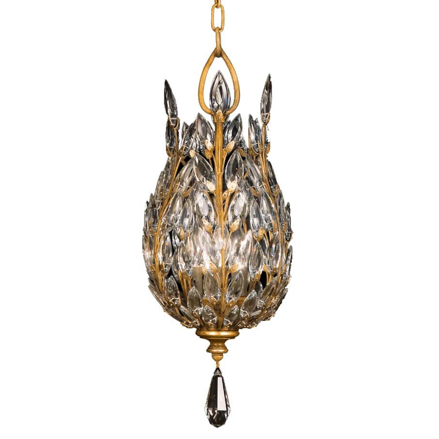 Crystal Laurel Gold Three-Light Foyer Pendant with Bold-Cut Stylized Crystal Leaves