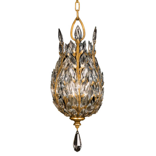 Crystal Laurel Gold Three-Light Foyer Pendant with Bold-Cut Stylized Crystal Leaves