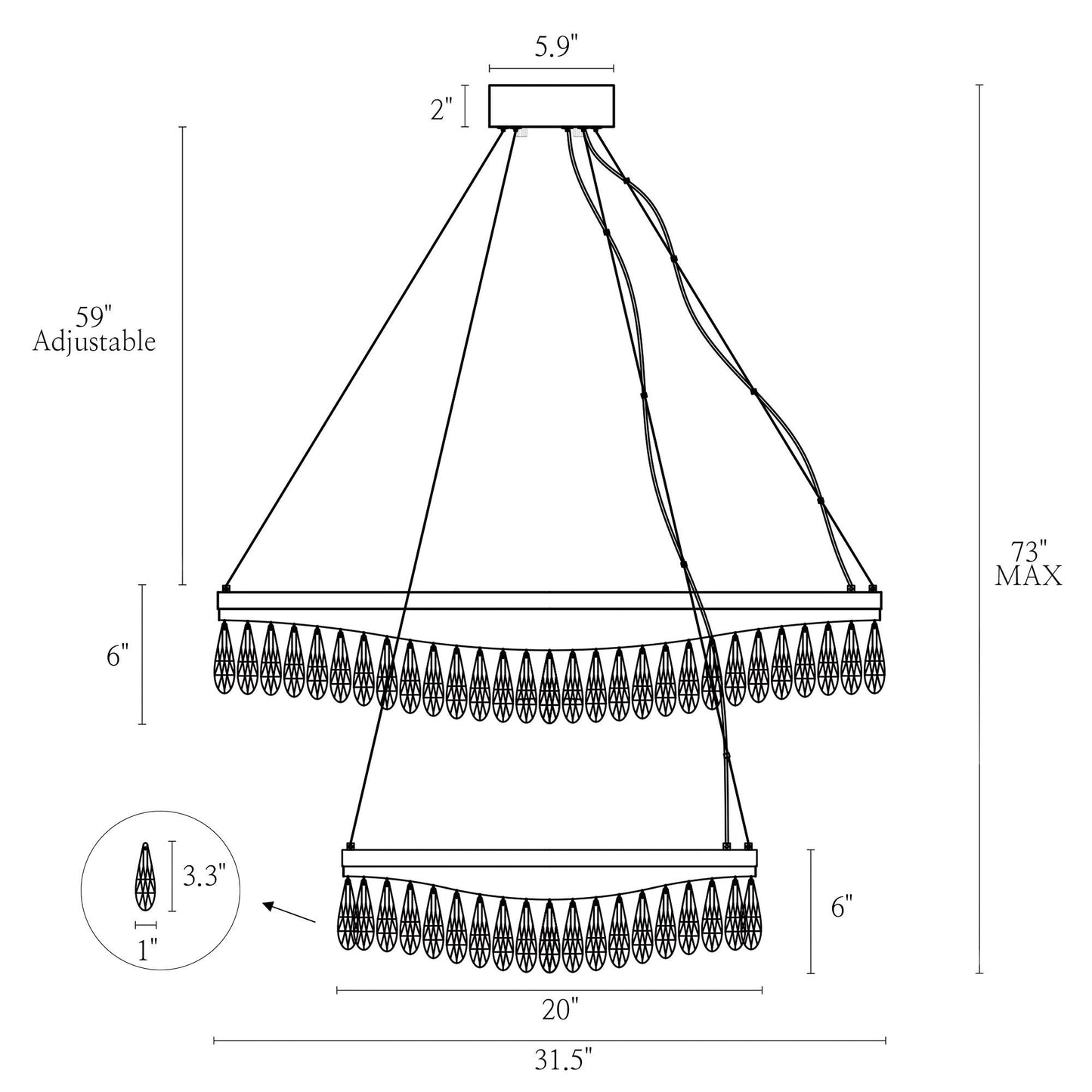 Flamgo 2-Light Gold Black 2-Tier Crystal LED Chandelier
