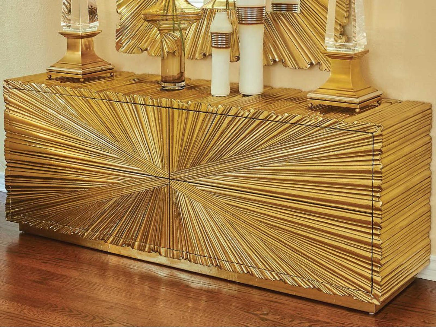 Linenfold Brass Sideboard with Textured Starburst Pattern