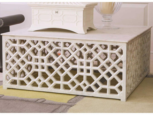 Marble Fret Square Coffee Table in Natural White Marble