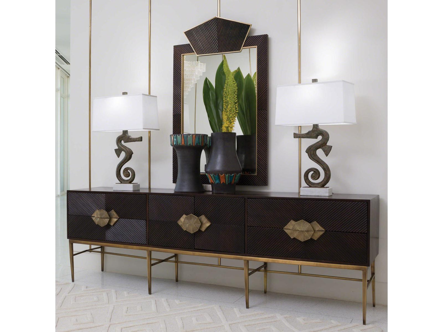 Galapagos 87-Inch Media Cabinet in Dark Walnut and Brass