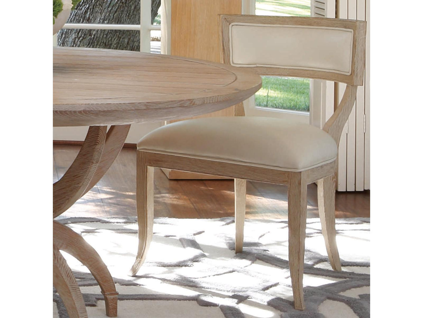 Klismos Upholstered Leather Dining Side Chair in Sandblasted Oak and Beige